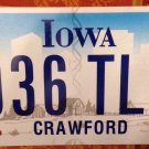 Iowa CRAWFORD county 936 TLI license plate Cindy actress crater graphic USA IA