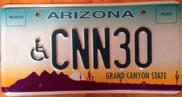 Arizona vanity CNN 30 License Plate Disabled Wheelchair Media News Channel AZ
