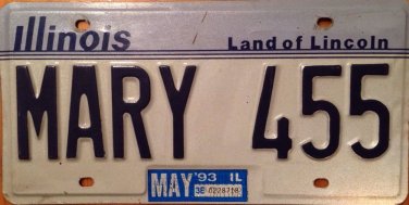 Illinois vanity MARY 455 license plate Maria Marilyn Mariana Marie