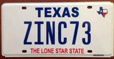 Texas vanity ZINC 73 license plate nuclear physics metal chemistry science mine