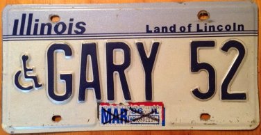 Illinois vanity GARY 52 license plate Handicap Gerald Garry Garey Garrey Gari