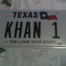 Texas vanity KHAN 1 license plate TX Mame Star Trek Comics Mongolia TV Hun