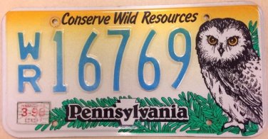 Pennsylvania Conserve Wild Resources OWL license plate Animal Bird Park Nature