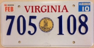 Commonwealth Virginia SEAL Sic Semper Tyrannis license plate #705 Old Dominion