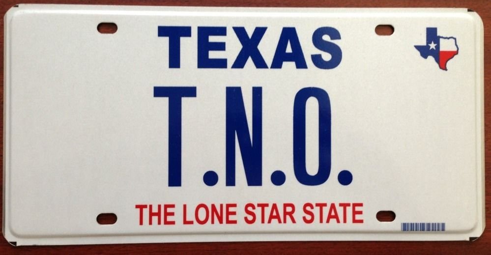 Texas vanity TNO license plate TX tag name Dot Trust No One slang