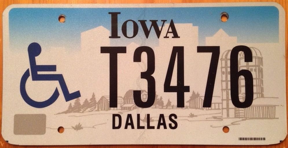 Iowa Handicap Dallas county license Plate Disabled Wheelchair Texas