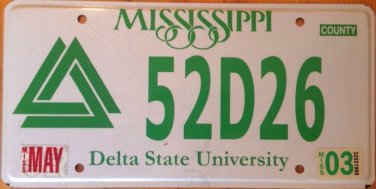 Mississippi Delta State University license plate Cleveland DSU Statesmen Okra
