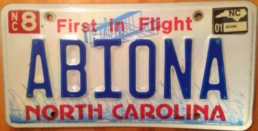 NORTH CAROLINA vanity ABIONA license plate Born during a trip journey Aviona