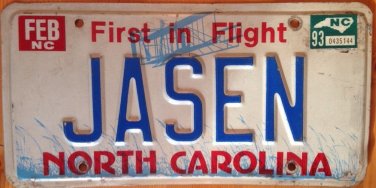 North Carolina vanity JASEN Jason License Plate Jasin Jayson Jaysen Jaison Jacen