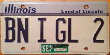 Illinois vanity BN I GL 2 license plate Ben Been Benny Glad Glide ???