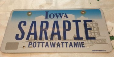 Iowa vanity SARA PIE license plate IA Sarah Sally Zara Sadie Sasa name dessert