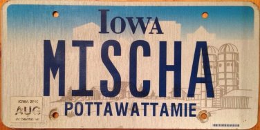 Iowa vanity MISCHA license plate Misha Russian Russia Michael Myisha Miesha Mike