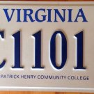 Virginia discontinued Patrick Henry  Community College License Plate University