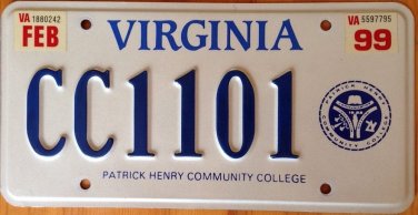 Virginia discontinued Patrick Henry  Community College License Plate University