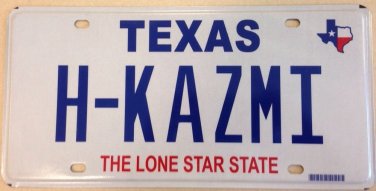 Texas vanity H KAZMI license plate Kazimi Kazemi Islam Arabic