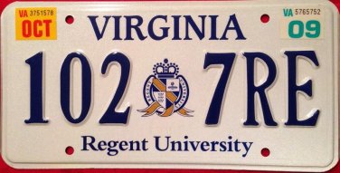 Virginia Regent University license Plate College Beach Christian Broadcasting VA