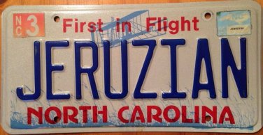 North Carolina vanity JERUZIAN license plate