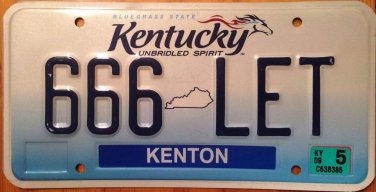 Kentucky Triple Digit 6 Six license plate Repeating Number 666 LET Devil Evil KY