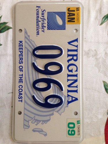 Rare Virginia Keepers Coast Reserved Number license plate #0969 69 Surfing Surf
