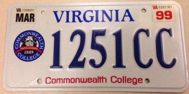 Very Rare Virginia Commonwealth College License Plate University
