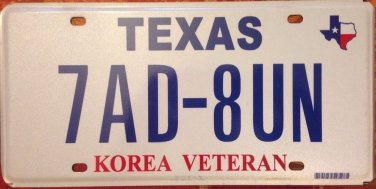 Texas Korean war Veteran license plate Vet Military army Navy Air Force Korea