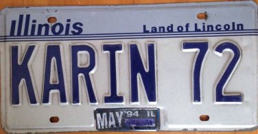 Illinois vanity KARIN 72 license plate 1972 Karine Caren Karen Katarina