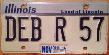 Illinois vanity DEB R 57 license plate Debbie Debra Deborah Debby 1957 Deb