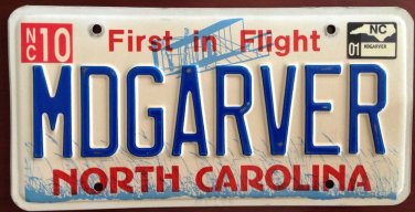 North Carolina vanity MD GARVER License Plate name Medical Doctor Physician NC