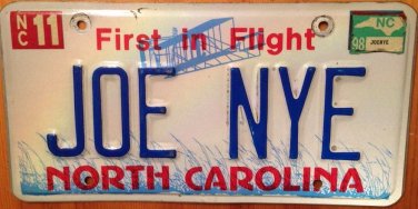 North Carolina vanity JOE NYE NY New York  license plate Joseph Joey
