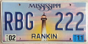 Mississippi Triple Digit Two 2 repeating license Plate RBG 222 Number Lighthouse