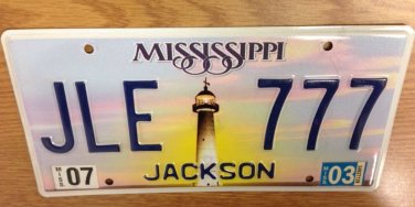 Mississippi Triple Digit Sev 7 repeating license Plate JLE 777 Number Lighthouse