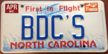 North Carolina vanity BDC S License Plate Bill Bob Bridget Bonnie Bella Becky