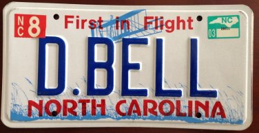 North Carolina vanity D BELL License Plate Liberty Name Time Church Boat Music
