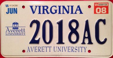 Rare Virginia Averett University License Plate College Low Number 18