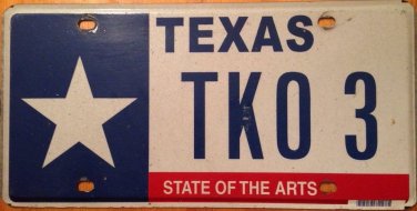 Texas State Arts vanity TK 03 license Plate Tim Terry Todd Troy Tommy Theo Tammy