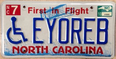 North Carolina Handicap vanity EYEORE B license plate Diisney Winnie Poo Donkey