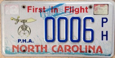North Carolina PRINCE HALL FREE MASON license plate #6 PHA Shriner Lodge Masonry