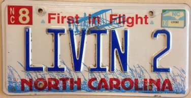 North Carolina vanity LIVING 2 Too license plate
