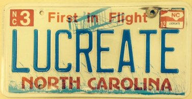 North Carolina vanity LUCREATE LOU CREATE license Plate 7 Louis Louisa Luc Lucre