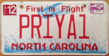 North Carolina vanity PRIYA 1 license plate Priyanka NC