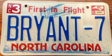 North Carolina vanity BRYANT 7  License Plate Name Brian Bryan Kobe