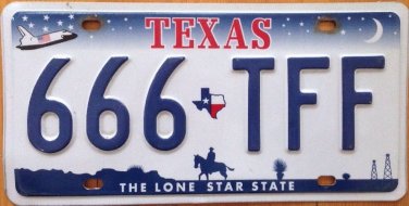 Texas Triple 6 license plate TFF 666 repeating number Beast Satan Devil Evil
