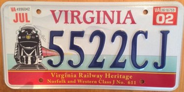 Virginia RAILWAY HERITAGE Train License Plate Locomotive Railroad steam coal CJ