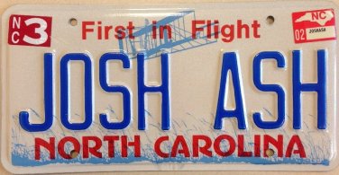 North CAROLINA vanity JOSH JOSHUA ASH license plate Joss Josua Josue Joshuah NC