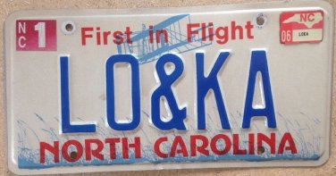 North Carolina vanity LO & KA license plate Loka Karen Karine Lois Lorie Louis