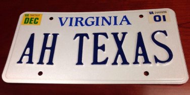 Virginia vanity AH TEXAS license plate  Texan Houston Dallas Austin San Antonio