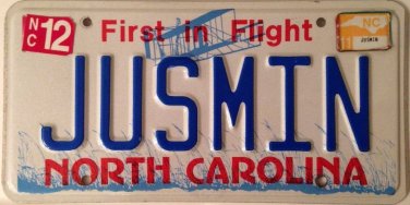 North Carolina vanity JUSMIN JASMINE license plate Flower Disney Jusmine Jasmin