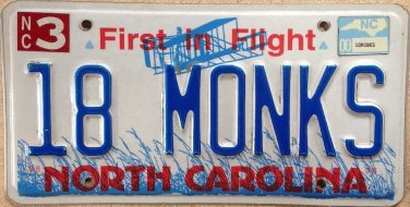 North Carolina vanity 18 MONKS license plate Abbey Monk Church Tibet God Christ