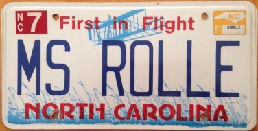 North Carolina vanity MISS ROLLE  license Plate Roll Roller Rolling