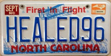 NORTH CAROLINA vanity HEALED 1996 license plate Cancer Sick Heal Cure Doctor Med